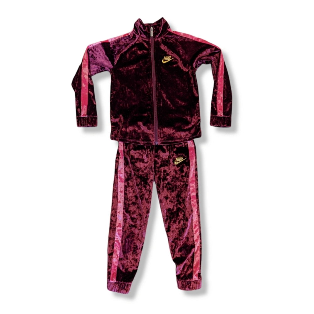 NIKE Girls Crushed Velour Track Suit Set Top and Bottom Plum/Pink/Gold Kids 6